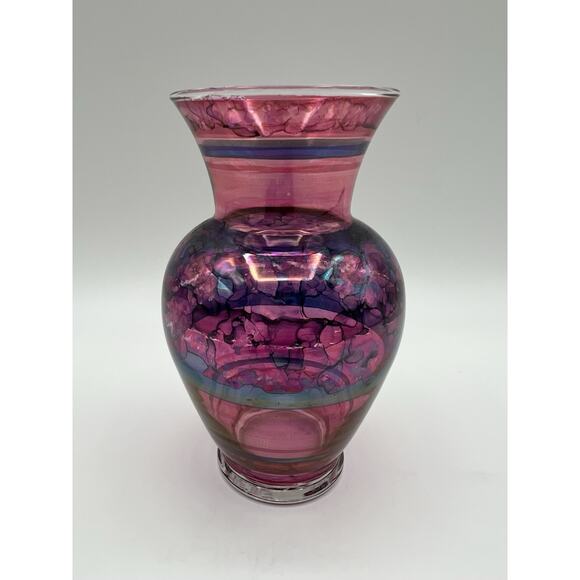 Watercolor Art Glass Vase 5” Colorful Hand Painted Artist Signed - Picture 2 of 9